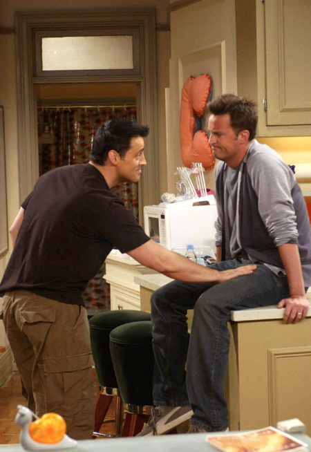 FRIENDS -- NBC Series -- 'The One With Ross' Tan' -- Pictured: (l-r) Matt LeBlanc as Joey,  Matthew Perry as Chandler -- Warner Bros. Photo