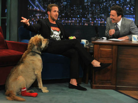 NEW YORK,  NY - JULY 20: Ryan Gosling along with his dog George visits "Late Night With Jimmy Fallon" at Rockefeller Center on July 20,  2011 in New York City. (Photo by Theo Wargo/Getty Images)
