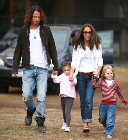 Actor Chris Cornell and his family arrive at Mr. Bones Pumpkin Patch in West Hollywood,  CA. Pictured: Chris Cornell,  Vicky Karayiannis and children Toni and Christopher Ref: SPL132036 111009 Picture by: Splash News Splash News and Pictures Los Angeles:310-821-2666 New York: 212-619-2666 London: 870-934-2666 photodesk@splashnews.com 
